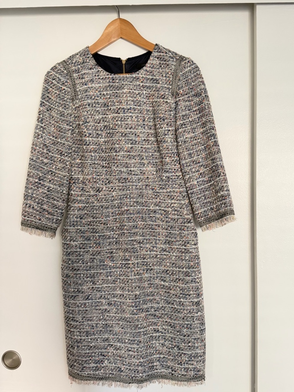 J. Crew Multi-Color Tweed Shift Dress with Fringe Trim